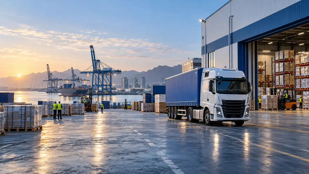 Illustrative logistics and warehousing operations scene
